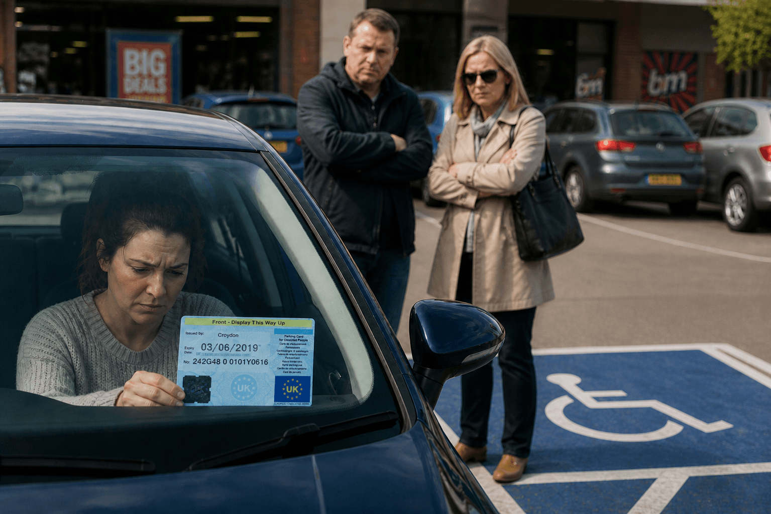 Disabled person using a Blue Badge parking space while facing public judgement, highlighting invisible disabilities and Purpl discounts for people with long-term health conditions.