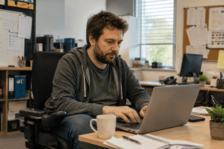 Disabled man using an electric wheelchair while working on a laptop in an office, highlighting workplace support for people with disabilities and long-term health conditions.