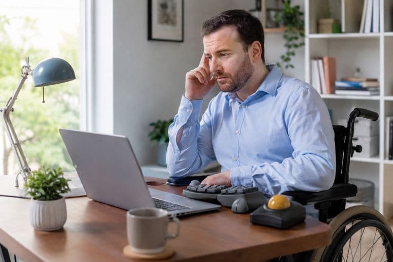 A disabled worker using assistive technology at a desk while waiting for Access to Work support, with Purpl discounts for people with disabilities and long-term health conditions.