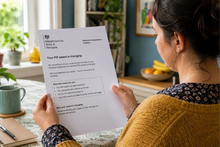 Person reading a DWP PIP award extension letter at home, showing support for disabled people and people with long term health conditions using Purpl discounts.