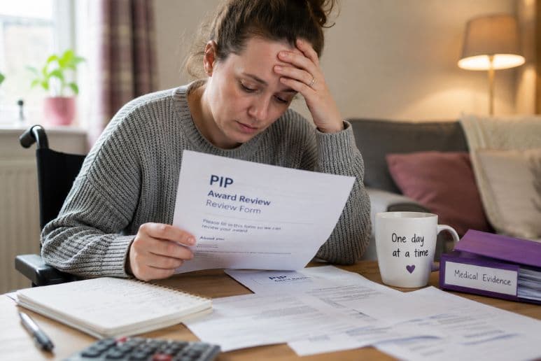 Person sitting at a table with PIP award review paperwork, showing the stress of disability benefit reviews for people with lifelong conditions and Purpl discounts support.