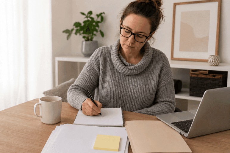 A disabled person preparing notes for a PIP assessment with disability benefits guidance and Purpl discounts for people with long-term health conditions.