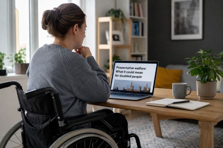 Disabled wheelchair user reading what a preventative welfare state could mean for disabled people in the UK