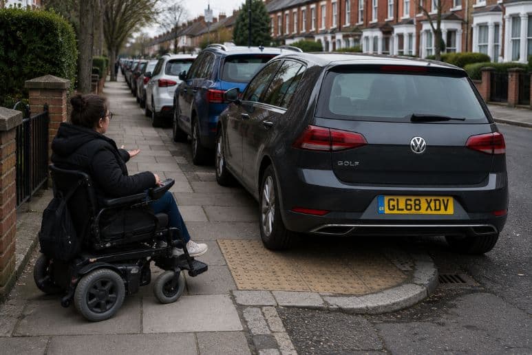 Electric wheelchair user unable to access a dropped kerb because a parked car is blocking the crossing point on a UK residential street.