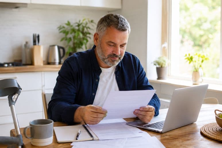 Disabled person reviewing PIP paperwork at home with a laptop after the Timms Review interim report