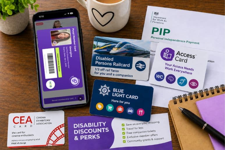 Smartphone showing a Purpl digital membership card beside UK disability discount cards, including Disabled Persons Railcard, Access Card, CEA Card and Blue Light Card.