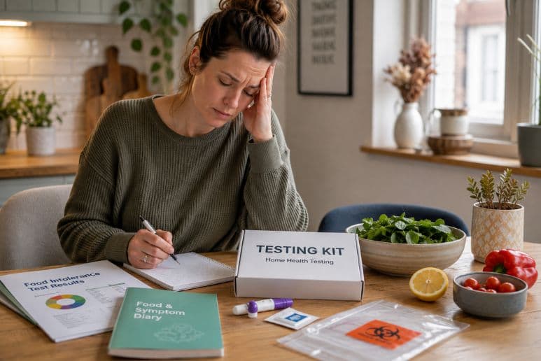 Woman experiencing fatigue while completing a food and symptom diary beside a home testing kit, highlighting gut symptoms and long-term health conditions.