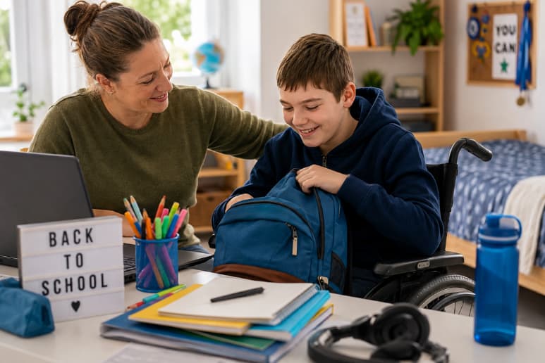 Disabled child preparing for school with parent, school bag and accessible learning equipment.