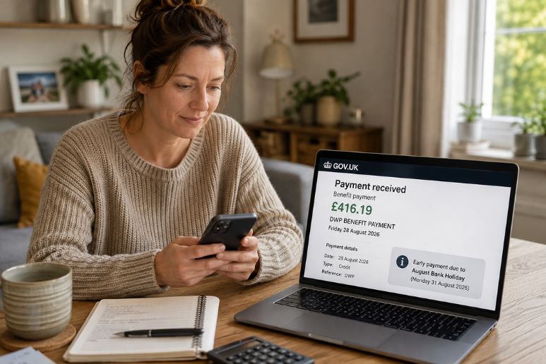 Person checking their bank account after receiving an early DWP benefit payment for the August 2026 bank holiday, representing disabled people and long-term health conditions with Purpl discounts.