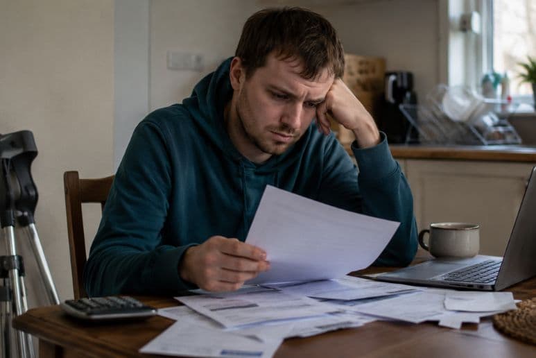 Disabled man at home reviewing benefit paperwork, household bills and mobility support costs, showing the impact of proposed PIP cuts.