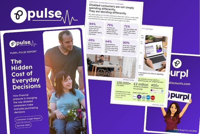 Purpl Pulse report showing disabled consumer research on accessibility, affordability and shopping behaviour, with a disabled woman using a wheelchair.