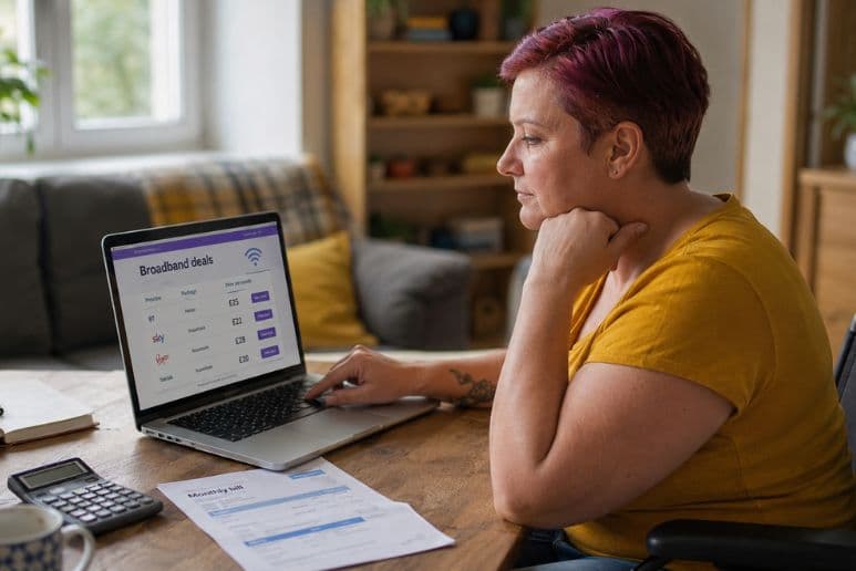 Disabled person comparing broadband social tariff prices and internet bills at home on a laptop.