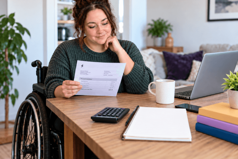 Disabled person checking household bills and disability discounts at home.