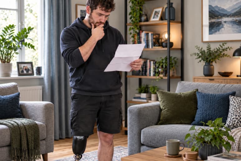 Disabled person reviewing a DWP PIP award letter at home ahead of a future Personal Independence Payment review.