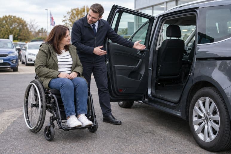 Wheelchair user looking at a car while a salesperson shows her the interior at a UK dealership.