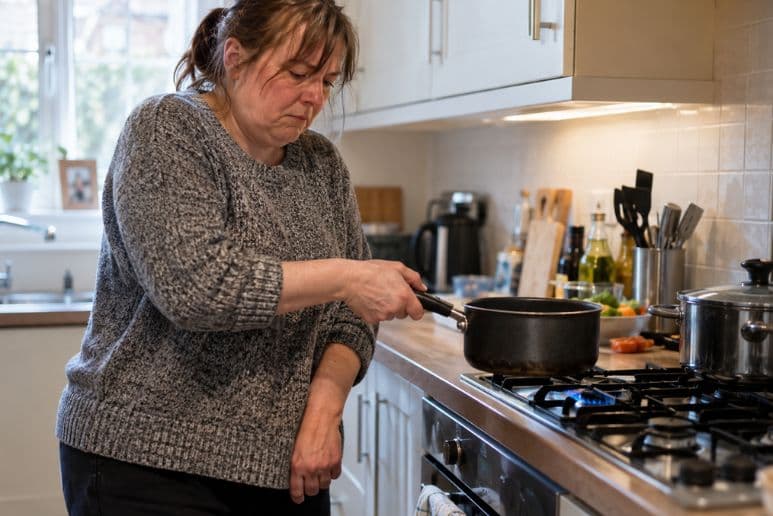 Disabled woman struggling to safely hold a saucepan while cooking at home, illustrating the PIP reliability rules for preparing food.