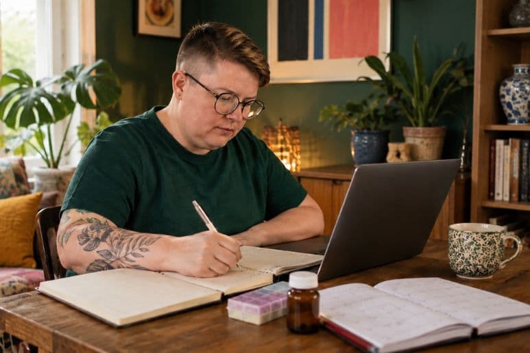 Disabled person using a laptop and symptom diary to track fluctuating condition evidence for a PIP claim.