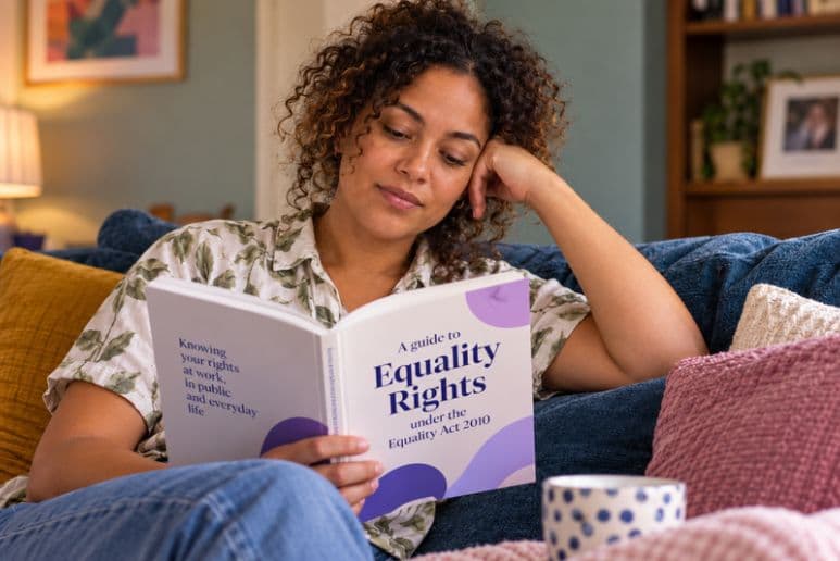 Woman reading a book about equality rights while relaxing on a sofa, representing invisible disabilities and disability rights under the Equality Act 2010.