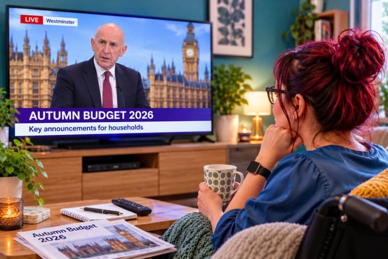 Disabled woman in a wheelchair watching the Autumn Budget 2026 on television, covering energy bills, carers and disability benefits.