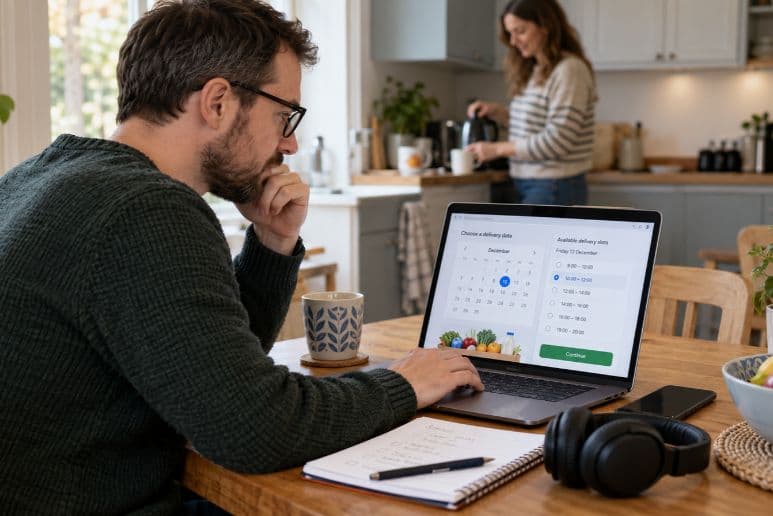 An autistic man plans his Christmas supermarket delivery on a laptop at home, with a family member in the kitchen behind him.