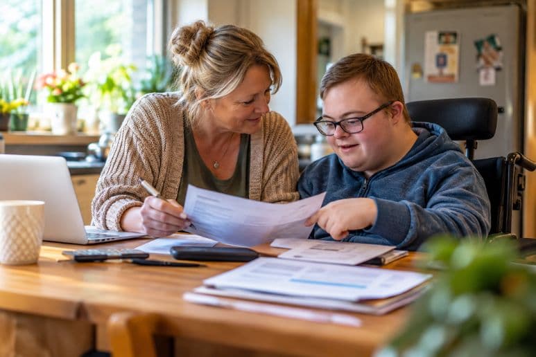 An unpaid carer helping a disabled family member review household bills at home