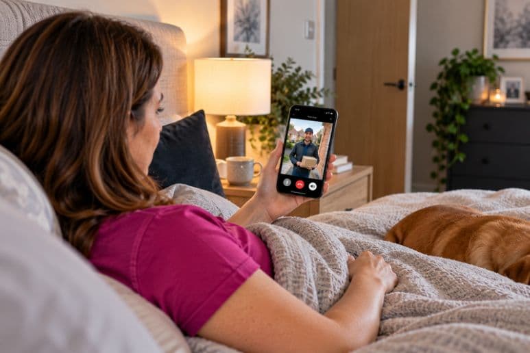 Woman lying in bed checking a video doorbell on her smartphone, showing a delivery driver outside her home.