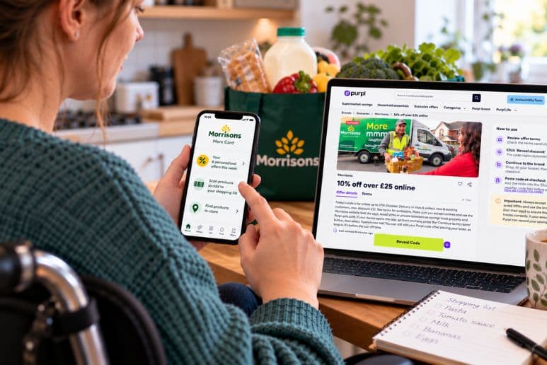 A disabled woman in a wheelchair using the Morrisons More app on her phone, with Purpl's 10% online grocery discount displayed on her laptop.