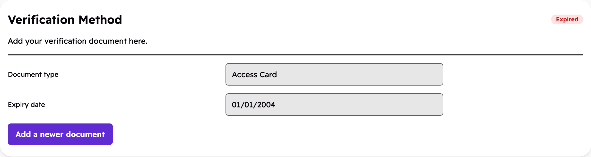 The Verification Method section of your Purpl profile, showing the document type we hold, its expiry date, an Expired label, and the Add a newer document button.