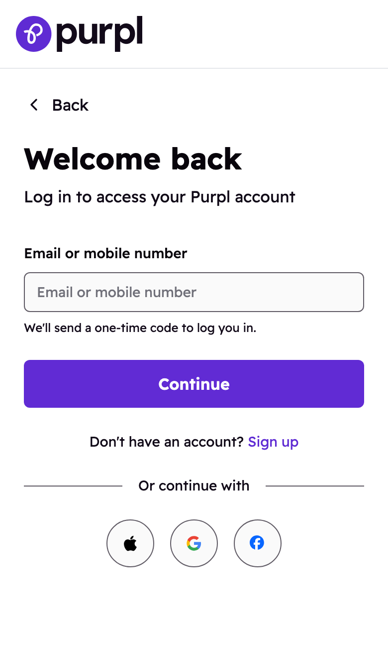 The Purpl sign-in screen on a mobile phone, headed