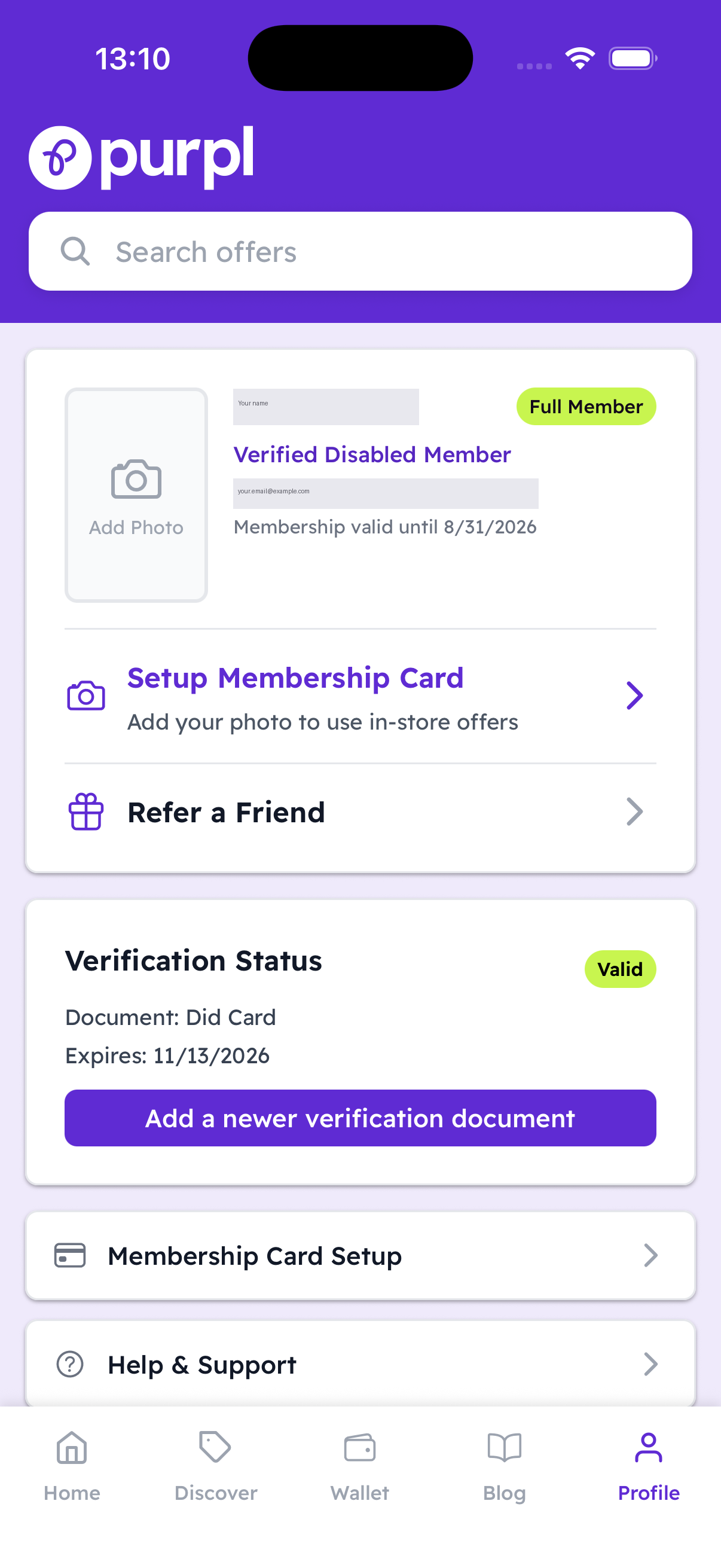 The Profile tab in the Purpl app, showing the Verification Status card with a Valid label, the document held, its expiry date, and an Add a newer verification document button.