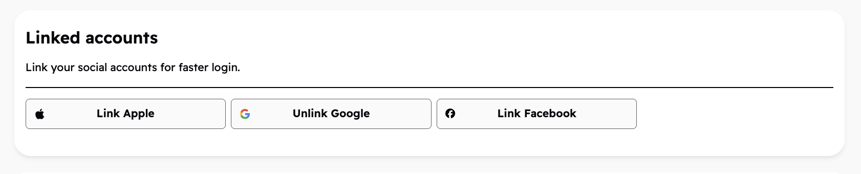 Image shows Linked Accounts for linking to Apple, Google and Facebook