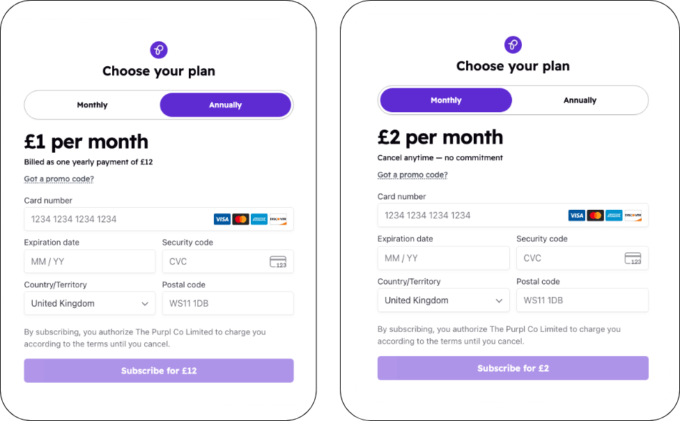 subscription payment window on Purpl discounts