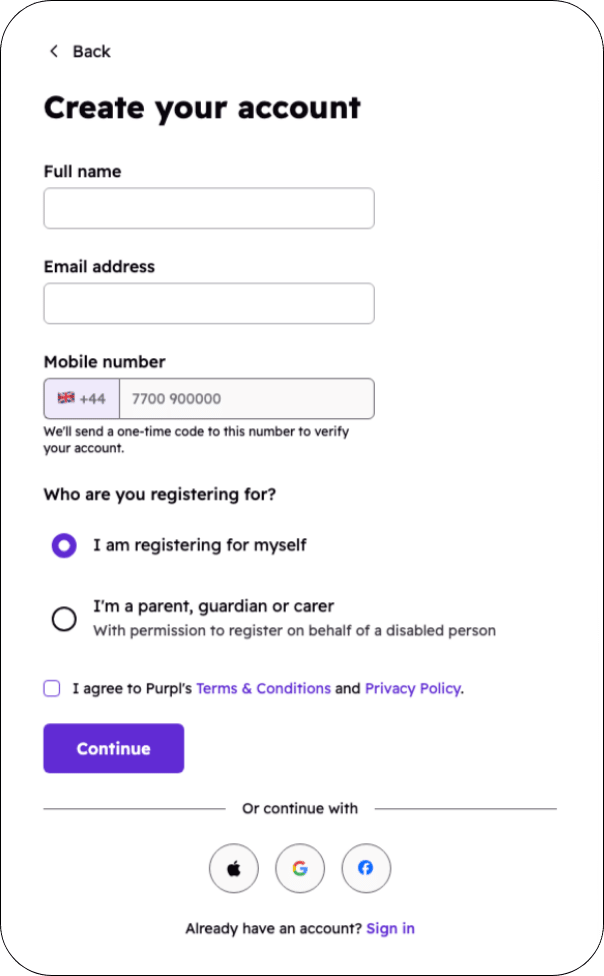 Create your account sign up screen on Purpl website